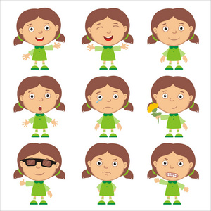 一组滑稽的小女孩,在不同的姿势和情感上被孤立在白色背景上卡通小