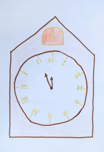 儿童绘画闹钟显示在五分钟到十二分钟。 新年概念。 是时候了。