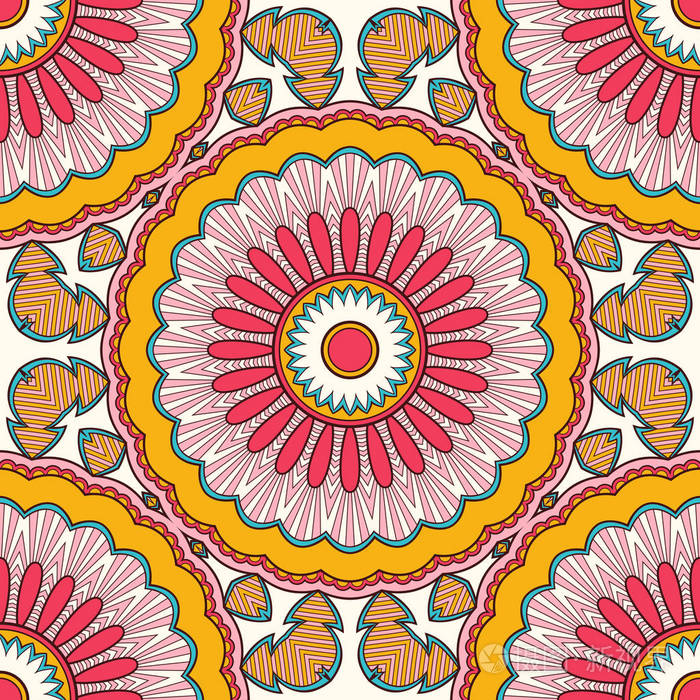 装饰五颜六色的民族无缝图案,用于面料或东方风格的包装. 手绘插图