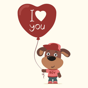 可爱有趣的卡通人物狗男孩与气球心情人节浪漫概念