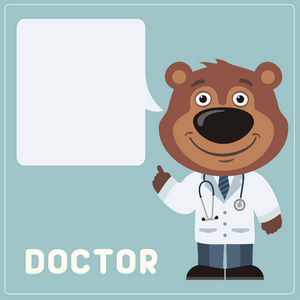熊医生的可爱滑稽卡通人物,带有空语言气泡,为健康提供重要信息照片