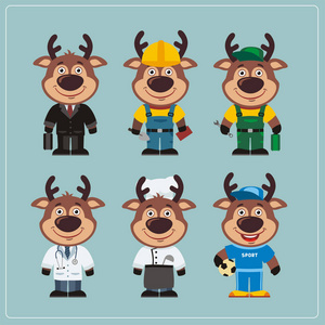 一套可爱有趣的鹿卡通形象,以不同的职业服装展示照片