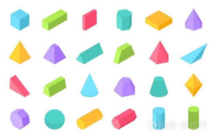 3d 几何形状, 平面几何多边形对象, 如棱镜金字塔圆柱体球体.向量等距