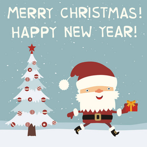 圣诞快乐，新年快乐贺卡圣诞老人卡通形象，树旁有礼品