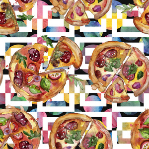 快餐意大利披萨在水彩风格隔离集。水彩无缝背景图案