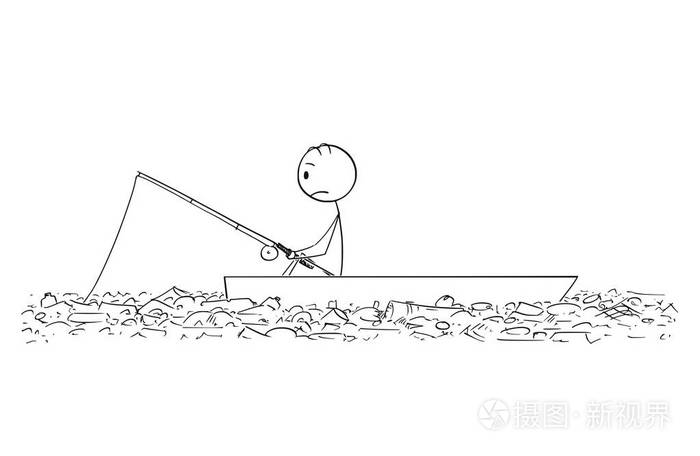 渔民在充满塑料废物的水中在多利或船上捕鱼的动画片