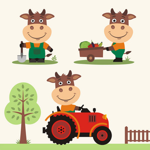 一组可爱有趣的卡通人物，牛农用铲子和手推车在农场工作