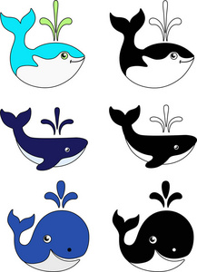 一套有趣的颜色和黑白鲸鱼。 儿童用鲸鱼的插图。 海洋哺乳动物。