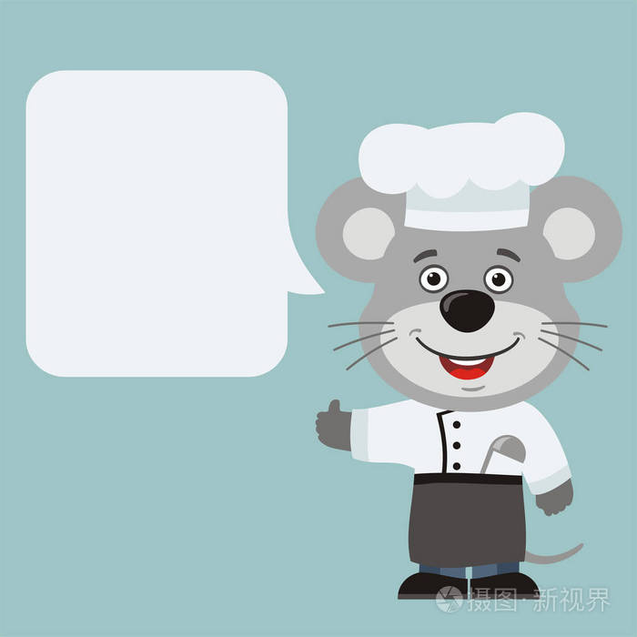 可爱有趣的卡通人物老鼠厨师用空语泡显示拇指