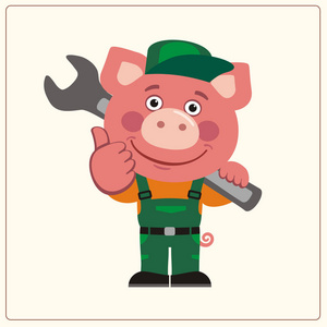 可爱有趣的卡通人物猪机修工穿着工作服，肩膀上有大扳手，上面有拇指符号