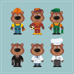 一套可爱有趣的卡通角色熊展示在不同的专业服装