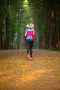 夏天在树林中穿过公园的女运动员的背影