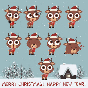 圣诞快乐，新年快乐，圣诞贺卡上有一套可爱的驯鹿，戴着圣诞老人的帽子，大眼睛，在家附近摆出不同的姿势