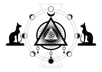 神秘的图画: 第三只眼睛, 全视的眼睛, 月亮相位的圆圈.