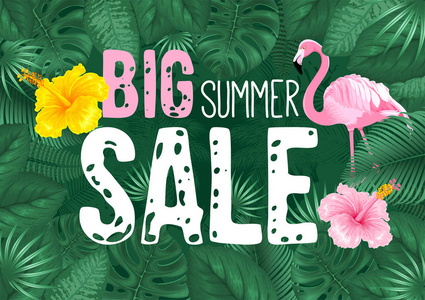 大型夏季销售海报模板与异国植物花卉和粉红色火烈鸟。 矢量图。