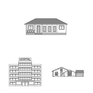 建筑物和前面标志的孤立对象。网站的建筑和屋顶股票符号集