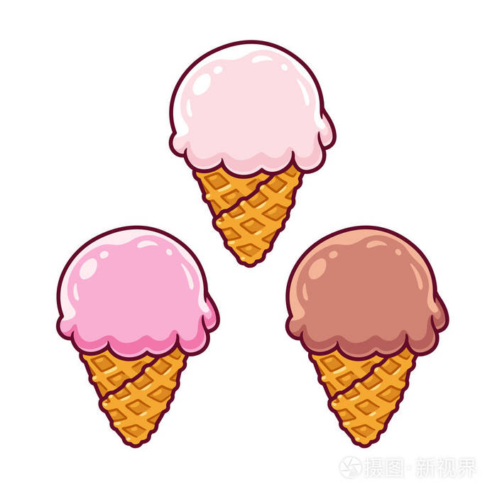 卡通冰淇淋华夫饼锥套装. 香草草莓和巧克力.