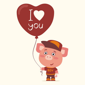可爱有趣的卡通人物猪男孩与气球心情人节浪漫概念