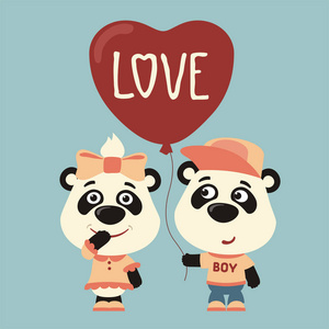 可爱有趣的卡通人物熊猫女孩和男孩气球心情人节浪漫概念