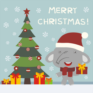 圣诞快乐贺卡，可爱的卡通人物，戴着红色圣诞老人帽，树旁有礼物