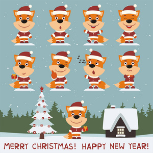 圣诞快乐，新年快乐贺卡，一套可爱的狐狸，穿着不同的服装和帽子，在树和房子附近摆姿势