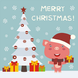 圣诞快乐圣诞贺卡有可爱的卡通人物，戴着红色圣诞老人帽，树旁有礼物