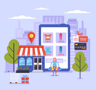 喜笑颜开的女性消费者形象制作网上购物.线上数字购物配送理念.