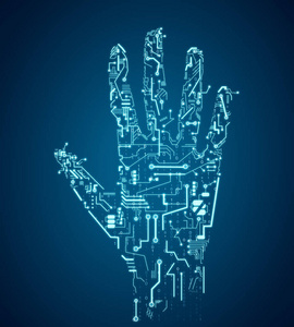 创意蓝色电路手在深色背景。机器人和人工智能概念。3D.投标