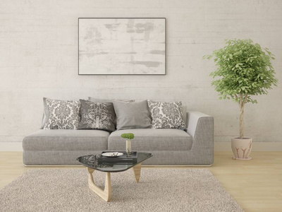 将时尚的客厅与一个轻而紧凑的沙发和时髦的背景搭配起来。