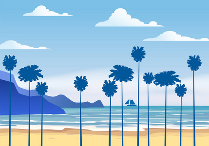 夏季阳光明媚的热带背景海景与棕榈海滩, 海滩山上天空, 日落。向量例证, 查隔绝, 模板