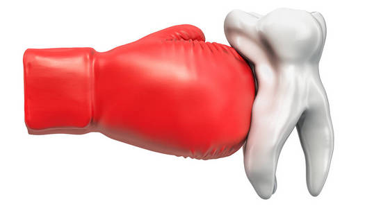 牙齿疼痛的概念。 带拳击手套的牙齿。 3D渲染隔离在白色背景