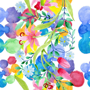 装饰粉红色和蓝色的花卉植物花卉花卉。水彩背景插图集。无缝的背景模式