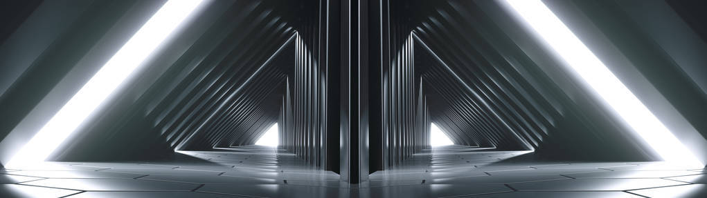 现代外星船反射黑暗未来派三角形SCI FI空走廊房间与灯和反射。 三维渲染图