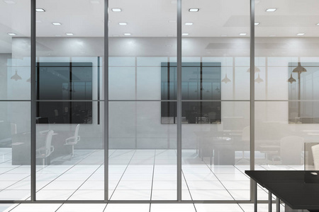 光滑的办公室走廊内部有玻璃墙家具和设备。 3D渲染