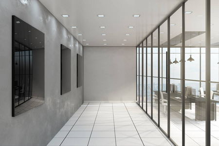 现代办公走廊内部有家具设备和窗户，全景城市和天空。 设计理念。 3D渲染