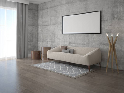 模拟原始客厅与经典舒适的沙发和时尚时髦的背景。