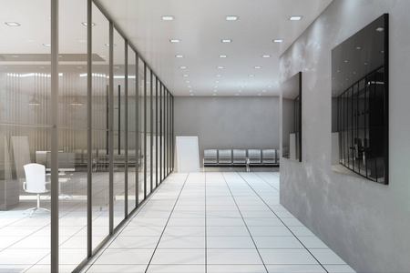 明亮的办公室走廊内部有玻璃墙家具和设备。 3D渲染