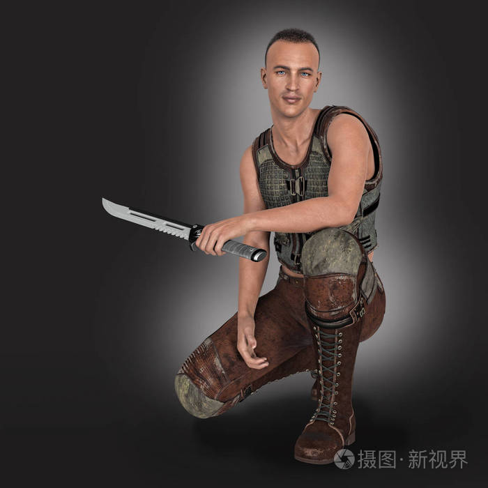 这位男性3d城市幻想风格的人物在一个准备战斗或防守的姿势