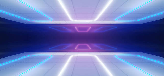 科幻现代未来派白色和黑色蓝色房间，反射和霓虹灯在天花板空空间3D渲染插图。