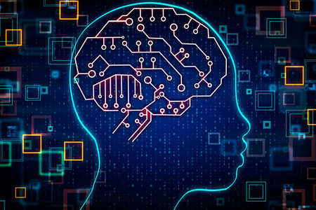 抽象模糊的头部轮廓与电路脑。 人工智能和编码概念。 3D渲染