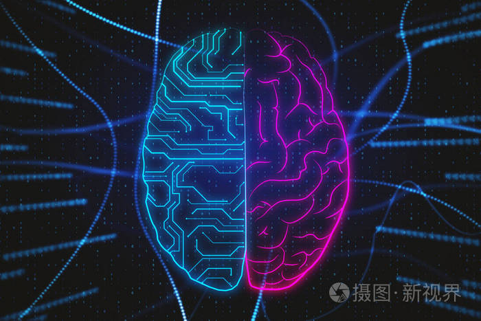 在抽象二进制代码背景上发光的数字大脑人工智能和技术概念3d渲染