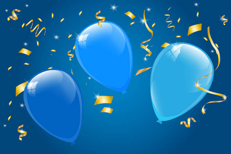 蓝色气球矢量插图。 庆祝背景模板