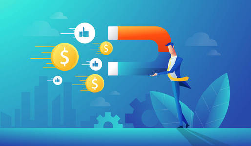 商人吸引美元符号商人用一块大磁铁来吸引金钱.矢量图稿插图.