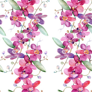 粉红兰花花束花植物花。水彩背景插图集。无缝的背景模式
