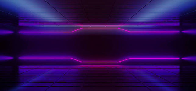 霓虹灯发光的网络紫蓝色粉红色SCIFI现代未来主义极简主义暗黑房间与反射的墙壁，空空间，3D渲染插图。