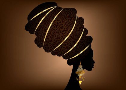 肖像，美丽的非洲妇女，传统的头巾，肯特，头包，达希基，印刷，黑色，非洲妇女矢量，轮廓，非洲，蜡染，民族饰，布，发型，标志，概念