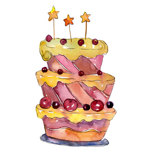 美味的蛋糕与浆果在水彩画风格隔绝.水肉甜品.背景插图集照片