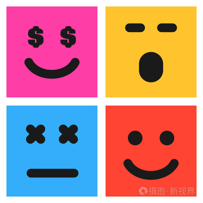 四个五颜六色的表情符号与表情符号的设置