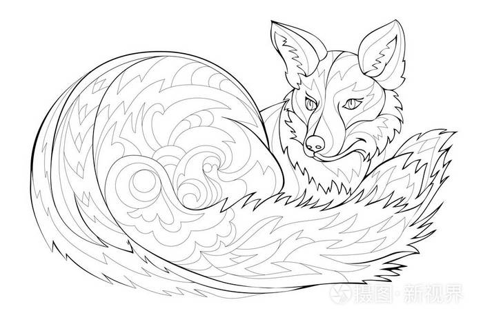 风格可爱的狐狸. 彩色书的黑白页.