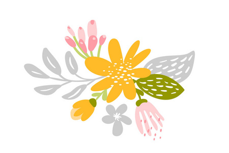 向量被隔绝的平的花在白色背景。春天斯堪的纳维亚手绘自然插画婚礼设计。用于贺卡印刷品儿童读物
